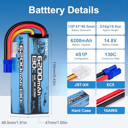 HOOVO 4S Lipo Battery, 14.8V 6200mAh 130C RC Car Battery Hard Case EC5 Plug | 2 Pack, compatible with 1/8 and 1/10 Scale RC Vechile,Arrma Kraton 8S,RC Buggy Truggy Truck Crawler Monster Boat