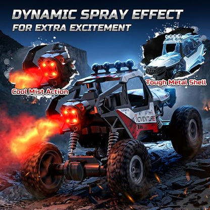 DEERC DE125 1:14 RC Rock Crawler, 4WD Remote Control Off-Road Monster Truck with Mist Spray, Metal Shell, LED Lights, 2.4GHz All-Terrain Car, 2 Batteries, Gifts for Kids & Adults - color: Black
