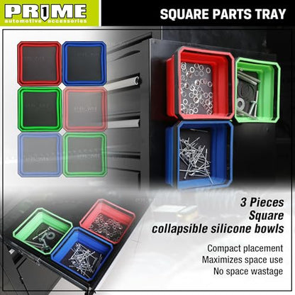 PR1ME Upgrade Collapsible Magnetic Parts Tray Set, 3 Pack, Foldable Magnetic Tool, 4.25 inch Square Silicone Bowls with Magnetic Base Stores and Organizes Small Parts and Tools - size: Upgrade Trays