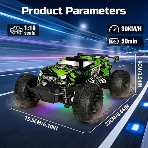 1/18 Remote Control Car with 2 Rechargeable Batteries for Boys Age 3-12 | 2.4GHz All Terrain RC Car with LED Lights & Replaceable Shell, 30 Km/h Off-road RC Truck, Gift for Kids & Beginners