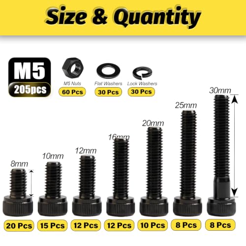 Kadrick M5 Screws Kit 205PCS, Socket Head Cap M5 Screw Assortment with Lock Washers for Secure Fastening, Class 12.9 Alloy Steel, Black Zinc Plated M5 Bolts for Mechanical, Automotive & Heavy-Duty Use - size: M5 205Pcs New