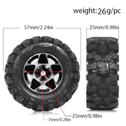 REDSPIDER 1.0 Beadlock Wheels and Tires Set（4pcs） 1.0 Crawler Tires 57 * 25mm Aluminum Alloy 1.0 Wheel 1/18 1/24 RC Crawler Tires for SCX24 TRX4M FMS FCX24 FCX18 AX24 (Black) - color: Black