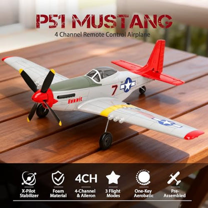 4-Channel RC Plane P51 Mustang - Ready to Fly RC Airplane with X-Pilot Stabilization - Remote Control Airplane for Adults, One-Key Aerobatics, 2.4GHz 6-Axis Gyro - color: White