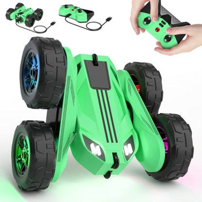 MaxTronic Fast Direct Charging Remote Control Car with LED，Exclusive Dual USB-C Charging for Car & Controller - 2.4Ghz 15km/h 360° Flips Rotations 4WD RC Stunt Car Fully Rechargeable for Kids 3-12 - color: Green