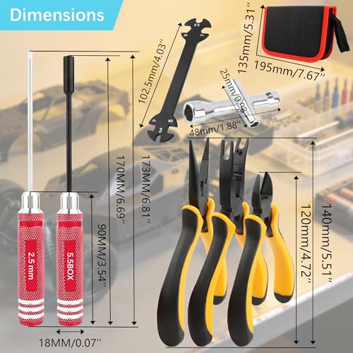 12 Pieces RC Car Repair Tool Kit with Hex Phillips Flat Screwdrivers, Pliers, Spanners, Wrenches–Hobby Tool Set Compatible with RC Car Drone Helicopter Airplane Boat Multirotor Models(Red) - color: Red