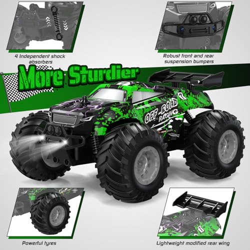 All-Terrain Remote Control Car for Boys Christmas Rechargeable Green | Monster Rc Truck with LED, 1:20 10KM/H, 2 Motors, 2.4GHZ, Speed Friendly, Sturdy Rc Cars for Christmas Kids 6+, Beginner - color: Green