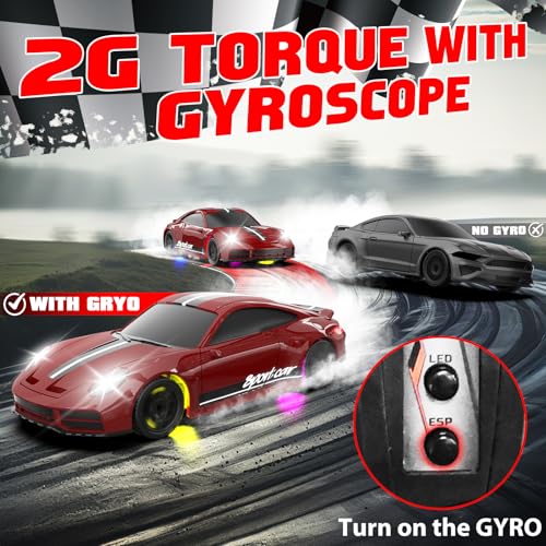 1/43 RC Drift Car, Mini Drifting RC Car with Gyro 2.4GHz Full Proportional Drift Cars 4WD RTR Remote Control Cars with Colorful Lights High Speed Fast Racing Vehicle Gift for Kids Boys Adults - color: Red B