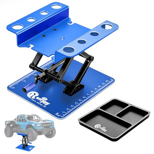 RC Stand Lift Lower with 3-Slot Screw Tray for 1/8 1/10 1/12 Scale, Blue | Aluminum RC Car Work Stand Repair Tool Set for RC Cars Crawler Truck Traxxas TRX4 Axial SCX10 Upgrade - color: Blue, With 3-slot Screw Tray