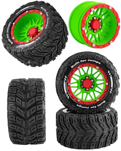 RC Wheels and Tires for 1/16 Scale,RCarmubWow Plastic Rim Rubber Tires for 1/16 Summit E-Revo Gorgon Grom,Mini Kraton 3S, M-J-X16207-16210, H-B-X16889 16890,S-C-Y16101-16106 RC Truck,Green&Red - color: Green W/Red(4pcs)