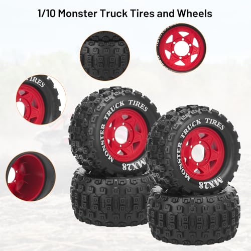 MX28 F/R 2.8" RC Car Tires with 12mm/14mm Hex Adapter RC Wheels and Tires Set 1/10 RC Truck Wheel for Arrma Big Rock Granite Traxxas Rustler Stampede VORTEKS 3S 4PCS (Style B) - Red - color: Red