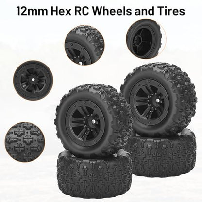12mm Hex Hub RC Wheels and Tires, daitoku 1/16 RC Tires RC Truck Wheel Rims & Rubber Tires for 1/16 Off-Road RC Car, 16208, 16209, 16210, H16BM, H16GT, H16H