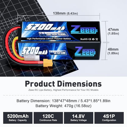 Zeee 4S Lipo Battery 5200mAh 14.8V 120C with XT60 Plug (2 Pack) | Hard Case RC Battery for RC Car Truck Vehicles RC Buggy Truggy 1/10 Scale Racing Hobby Models