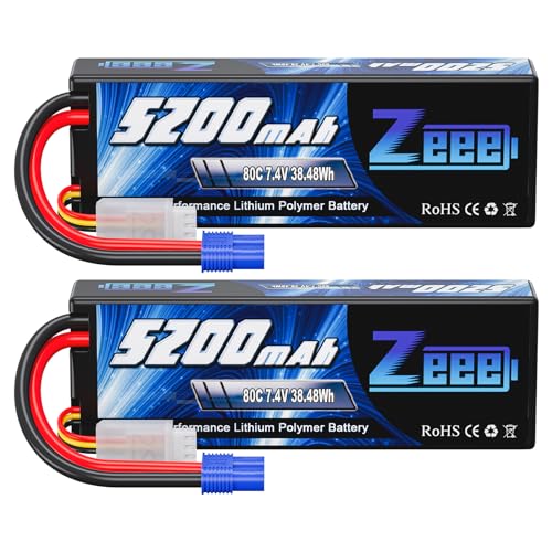 Zeee 2S Lipo Battery 7.4V 5200mAh 80C with EC3 Plug (2 Pack) | Hard Case Battery for 1/8 1/10 RC Vehicles Car Buggy Truggy RC Airplane Drone