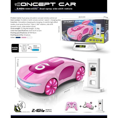 2.4G Gesture Sensing RC Stunt Car, LED Drift Racing Car with Spray Boost, USB Charging Station & Music Effects – 360° Flip Toy Gift (Handle+Watch RC Version) - color: Pink
