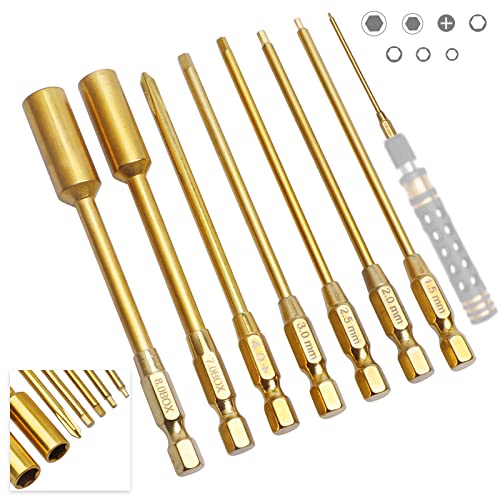 Titanium RC Hex Bits Set 1.5/2.0/2.5/3.0mm Allen Wrench Keys M4 Lock Nuts Driver, Phillips Bit for RC Hex Head Screws Compatible with 1/4" Drive Drill (7-Pack)