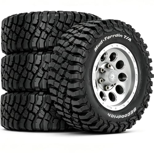 STMU 4Ppcs 1/10 RC Crawler Car 1.9in Crawler Tires 90mm*33mm Compatible with D90 4WD RC, Compatible with 1/12 RC Crawler MJX H12Y+ MN128 MN82S LC79 LC80 (Silvery) - color: Silvery