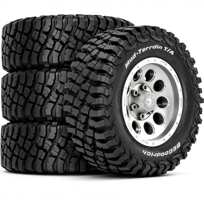 STMU 4Ppcs 1/10 RC Crawler Car 1.9in Crawler Tires 90mm*33mm Compatible with D90 4WD RC, Compatible with 1/12 RC Crawler MJX H12Y+ MN128 MN82S LC79 LC80 (Silvery) - color: Silvery