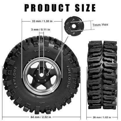 1.3" RC Beadlock Wheel Tires Set 64x26mm for SCX24 TRX4M, Black (4PCS) | Upgraded 1.45-inch Wheel for 1/24 SCX24 AX24 FCX24 1/18 TRX4M FMS RC Crawler Car Upgrade - color: Balck
