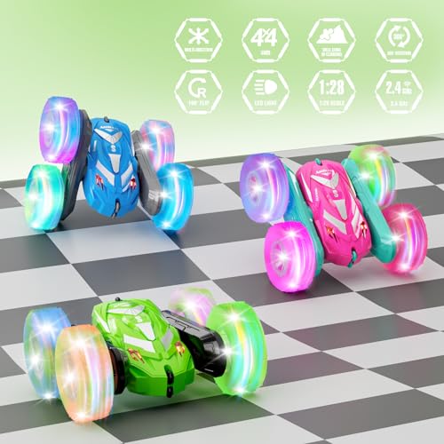 Amicool Remote Control Car for Boy 6-12 with Flashing Light, 6 7 8 9 Years Old Boy Toys, Race RC Cars Stunt Drift 4WD 2.4Ghz Double Sided 360° Flip, Boys Gift Idea for Kids Birthday Christmas, Green - color: Green