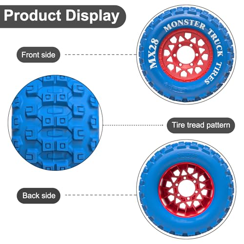 LRFHL MX28 F/R 2.8" RC Monster Truck Tires and Wheels 4PCS, Blue | 12mm/14mm Hex Adapter, 1/10 RC Monster Truck, Compatible with Traxxas Stampede Rustler Redcat Arrma Vorteks Big Rock Granite - color: Blue Tires+ Red Wheel-8