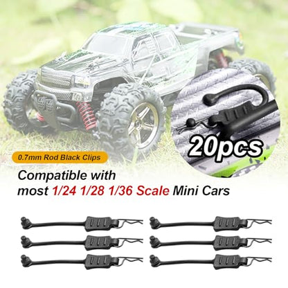 20pcs HobbyPark Micro RC Car Body Clips and Pull Tabs Retainer R Pins for 1/24 1/28 1/36 Scale Mini Cars SCX24 FCX24 Gladiator Bronco C10 JLU Deadbolt B-17 - size: 0.7mm Rod Black Clips