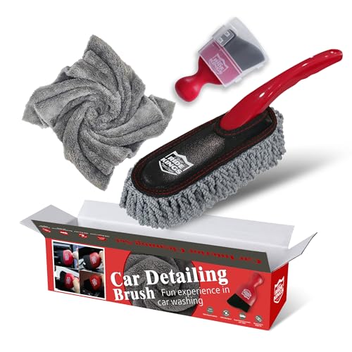 Car Interior Detailing Kit - Red Duster & Brush, Towel | Sweeps dash & vents. Soft fleece cloth absorbs dirt scratch-free. Perfect auto care gift box for narrow gaps & buttons. - color: Detailingbrushset2024