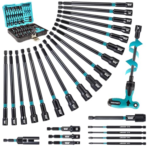 LIBRATON 27PCS Magnetic Nut Driver Set, Ratcheting T Handle, Metric&SAE | Nut Driver Set for Impact Drill, Long Socket Set, Drill Bits, Socket Adapters, Wing Nut Driver, Magnetic Holder, Storage Case - style: 27PCS With Handle