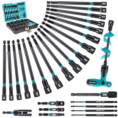LIBRATON 27PCS Magnetic Nut Driver Set, Ratcheting T Handle, Metric&SAE | Nut Driver Set for Impact Drill, Long Socket Set, Drill Bits, Socket Adapters, Wing Nut Driver, Magnetic Holder, Storage Case - style: 27PCS With Handle