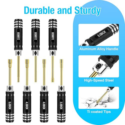 4.26 Inch Mini 7pcs Micro RC Hex Nut Screwdriver Set (2.0-5.0) mm | Hex Head Nut Driver Set, Durable Hex Socket Set RC Tools Kit with Replaceable Tips for 1/24 &1/18 RC Car Truck Hobby Repair