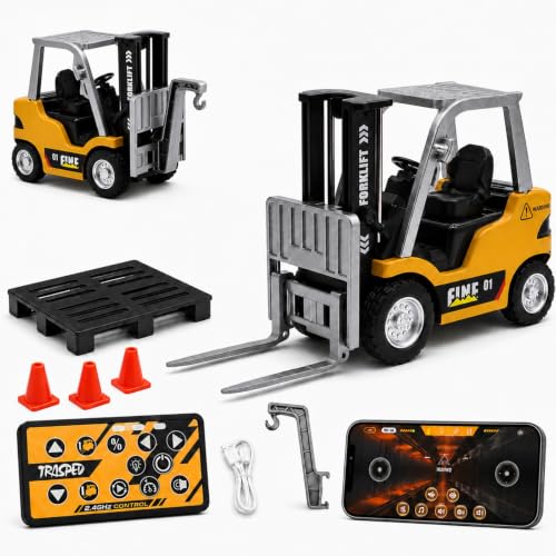 1/64 Mini RC Forklift, APP & 2.4GHz Remote Control, Liftable Forks, Hook Accessory, Type-C Rechargeable, LED Lights Sound, Alloy RC Construction Vehicles Toy Gift for Kids - style: RC Forklift
