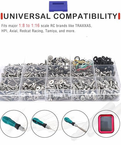 710Pcs Universal RC Screw Assortment Kit & Repair Tool Set for Traxxas | 304 Stainless Steel,For HPI Arrma SCX10 Losi 1/8 1/10 1/12 1/16 Scale RC Cars,Rust Resistance,Compartment Storage Case