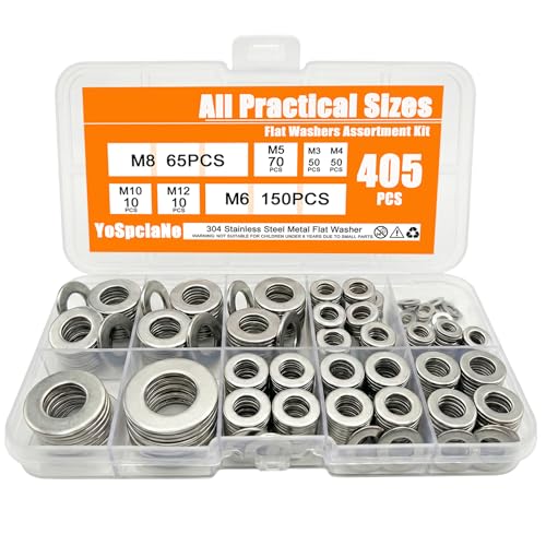405pcs Flat Washers Assortment Kit, Metric 304 Stainless Steel Assorted Set(M3-M12) - Metal Washer with More Practical M6 & M8 Sizes, Small Washers for Screws & Bolts