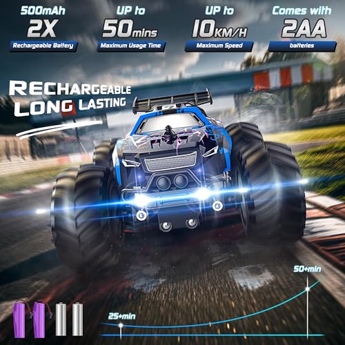 All-Terrain Remote Control Car for Boys 8-12 Headlight Christmas | Monster Remote Control Truck Rechargeable, 2 Motors 10KM/H 2.4GHZ Speed-friendly, Sturdy RC Cars for Christmas Beginner Kids - color: Blue