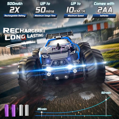 All-Terrain Remote Control Car for Boys 8-12 Headlight Christmas | Monster Remote Control Truck Rechargeable, 2 Motors 10KM/H 2.4GHZ Speed-friendly, Sturdy RC Cars for Christmas Beginner Kids - color: Blue