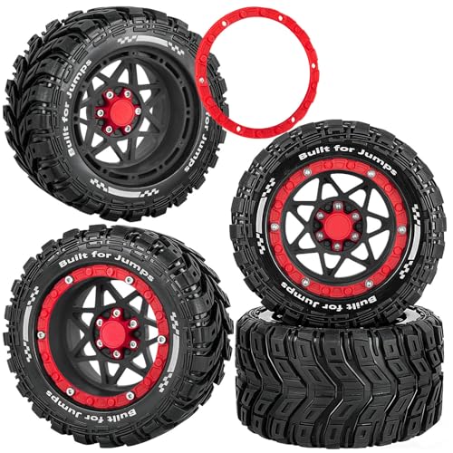 RC Truck Wheel and Tires for 1/16 SUMMIT E-REVO GORGON GROM MINI KRATON M-J-X H-B-X S-C-Y RC Car,Monster Truck Car Wheel Tires w/Plastic Wheels Rim,Soft Tire Highway Wheels (4PCS),Black and Red - color: Black-red(rc Wheels Tires)