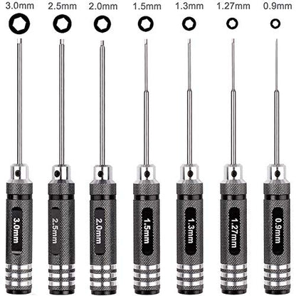 7pcs Hex Screw Driver Set RC Tools Kit 0.9mm 1.27mm 1.3mm 1.5mm 2.0mm 2.5mm 3.0mm Hexagon Screwdriver for Traxxas Arrma Axial Losi Redcat RC Quadcopter Helicopter FPV Racing Drone Models