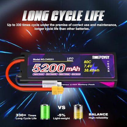 7.4V Lipo Battery 2S 5200mAh 80C Lipos Hard Case with XT60 Connector for RC Car Trucks 1/8 1/10 RC Vehicles(2 Packs) - color: XT60