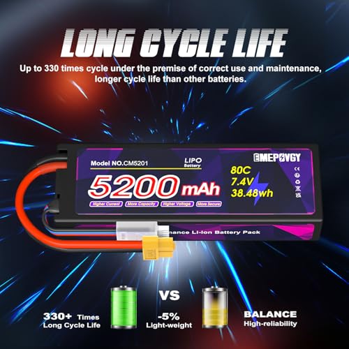 7.4V Lipo Battery 2S 5200mAh 80C Lipos Hard Case with XT60 Connector for RC Car Trucks 1/8 1/10 RC Vehicles(2 Packs) - color: XT60
