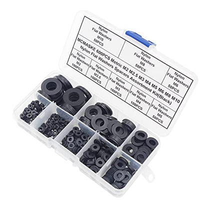 600PCS Metric M2 M2.5 M3 M4 M5 M6 M8 M10 Nylon Flat Washers Spacers Plastic Washers Assortment Kit (Black) - color: Black