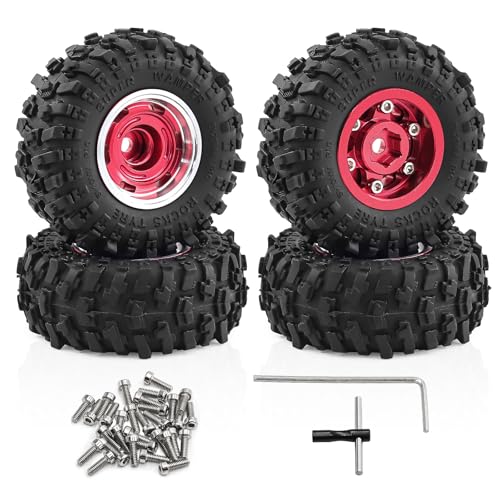 1.0" Beadlock Aluminum Wheels and 51mm Soft Rubber Tires | for SCX24, TRX4M, Ascent 18, FCX24, 1/18 1/24 RC Crawler, 7mm Hex, 0mm Offset, with Foam Inserts, (Red 105) - color: Red 105