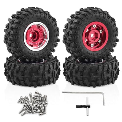 1.0" Beadlock Aluminum Wheels and 51mm Soft Rubber Tires | for SCX24, TRX4M, Ascent 18, FCX24, 1/18 1/24 RC Crawler, 7mm Hex, 0mm Offset, with Foam Inserts, (Red 105) - color: Red 105