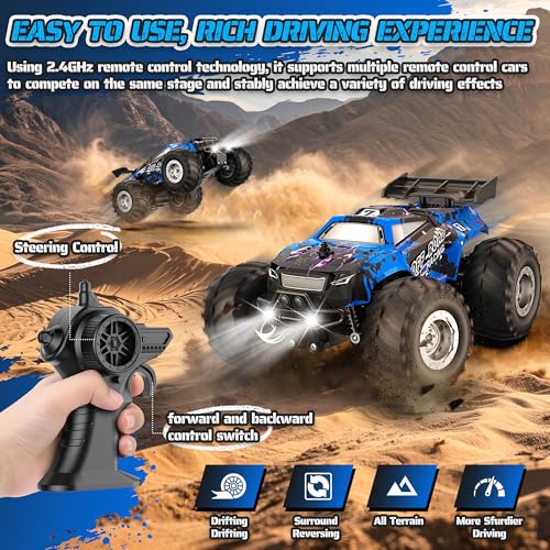 All-Terrain Remote Control Car for Boys 8-12 Headlight Christmas | Monster Remote Control Truck Rechargeable, 2 Motors 10KM/H 2.4GHZ Speed-friendly, Sturdy RC Cars for Christmas Beginner Kids - color: Blue