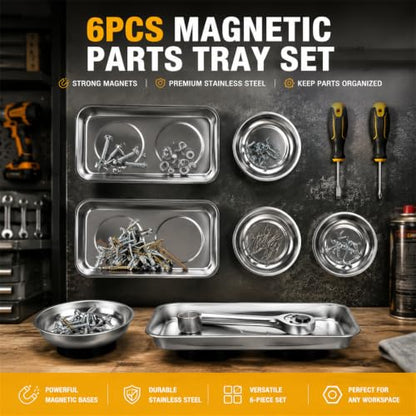 Okllen 6 Pcs Magnetic Parts Tray Set, Stainless Steel Heavy Duty 9.5"W x 5.5''L Square and 4 1/4" Round Extra Strong Magnetic Tool Trays Holder for Socket Screw Nuts Bolts Metal Parts