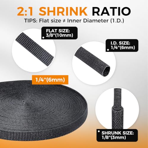 2:1 Ratio Automotive Heat Shrink Braided Sleeving 1/2''-26ft | 2:1 Ratiol Automotive Shrinkable Cloth Wire Loom Hose Cover Management Protector for Wire/Sheath/Irregular Shape Hose - size: 1/4"-26ft