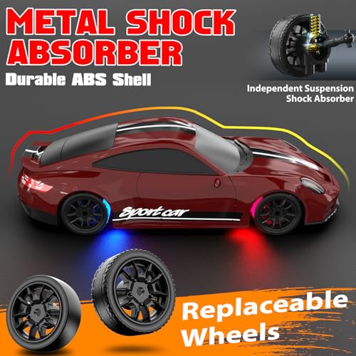 1/43 RC Drift Car, Mini Drifting RC Car with Gyro 2.4GHz Full Proportional Drift Cars 4WD RTR Remote Control Cars with Colorful Lights High Speed Fast Racing Vehicle Gift for Kids Boys Adults - color: Red B