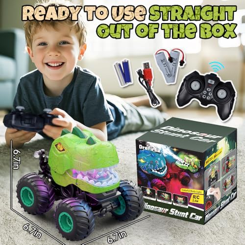 Drefirsa Remote Control Dinosaur Car for Boy 4-7 8-12, Dinosaur Toy for Kid | 50min+ Runtime,Stunt, Spray, LED Light, Rotating, Upright Driving, Monster Truck Toy for Kid Birthday Christmas Gift - color: Beige