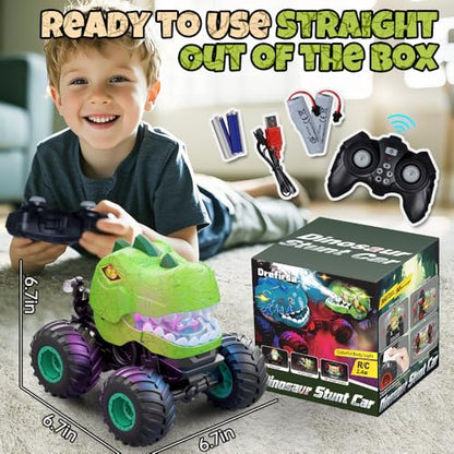 Drefirsa Remote Control Dinosaur Car for Boy 4-7 8-12, Dinosaur Toy for Kid | 50min+ Runtime,Stunt, Spray, LED Light, Rotating, Upright Driving, Monster Truck Toy for Kid Birthday Christmas Gift - color: Beige