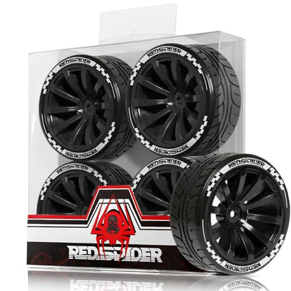 REDSPIDER 1/10 RC On-Road Wheel Tires 2.56" OD 10-Spoke Plastic Wheel hub and Rally Tires 12mm Hex Fit for 1/10 Tamiya TT01 TT02 XV02 XV01 WLtoys HSP Kyosho WR8 RedCat Sakura HPI (Black) - color: Black
