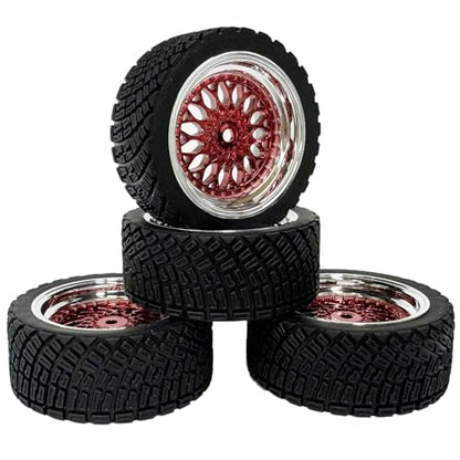 4PCS 65mm RC Rally Car Rubber Tires and Plastic Plating Wheel Rims Set 12mm Hex for 1/10 RC On-Road Rally Drift Racing Car for Tamiya HPI WR8 HSP TT02 WLtoys(Red Silver) - color: Red Silver