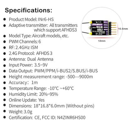 GoolRC Flysky INr6-HS Receiver, 2.4GHz 6 Channels RC Receiver with Dual Antenna PWM/PPM/i-BUS2/S.Bus/i-Bus Date Output Compatible with Flysky Noble NB4+ NB4 Pro+ RC Transmitter for RC Car Drone Boat